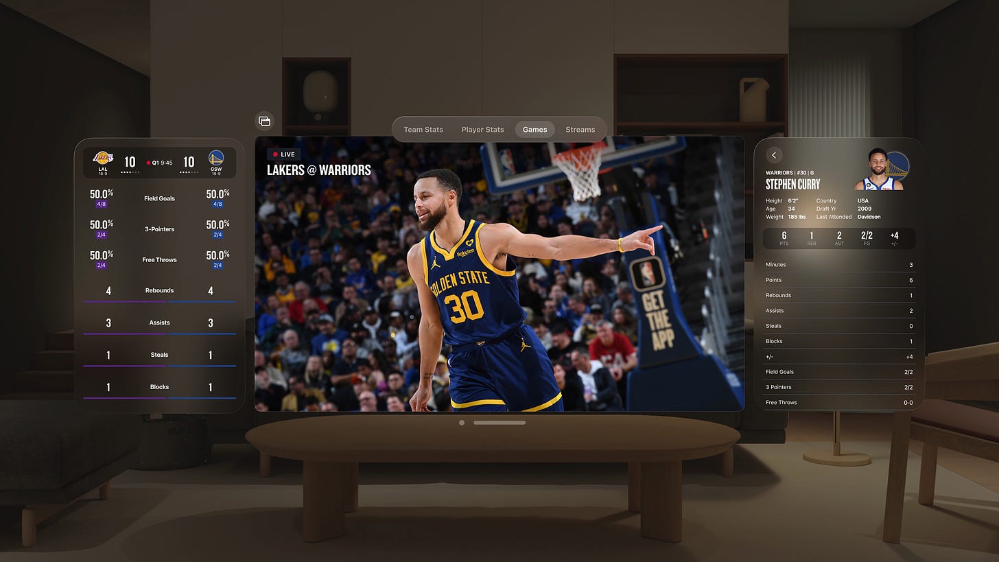 With the NBA app on Apple Vision Pro, basketball fans can stream up to five games live or on demand simultaneously, and easily rearrange games within their space.