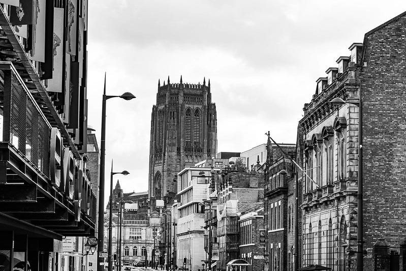 Black and white photo of Hope Street, Liverpool, looking from the Everyman Theatre towards Liverpool Cathedral.