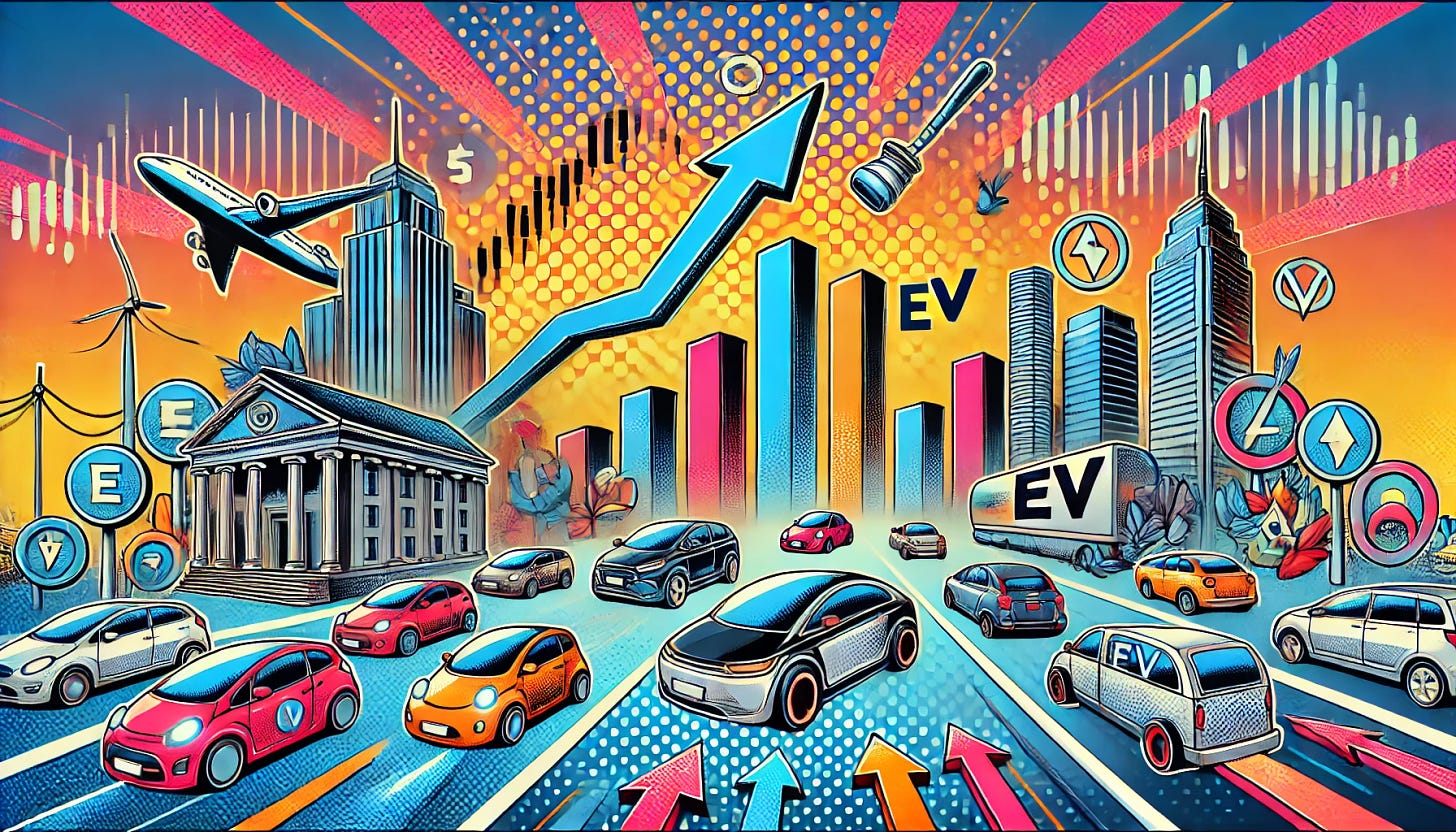 A dynamic and futuristic pop-art style illustration depicting the electric vehicle (EV) market. The scene includes a vibrant cityscape with various EVs (cars, buses) driving on the streets. Include symbols of growth like rising arrows and stock market graphs in the background to represent the resurging stocks related to the EV market. Also, incorporate elements of government or policy influence, such as a government building or a gavel. The overall tone should be optimistic and colorful, using bold colors and exaggerated pop-art features to convey the energy and potential of the EV market. The image should be in a rectangular horizontal format, resembling a wide cinematic view, suitable for a 1920x1080 resolution.