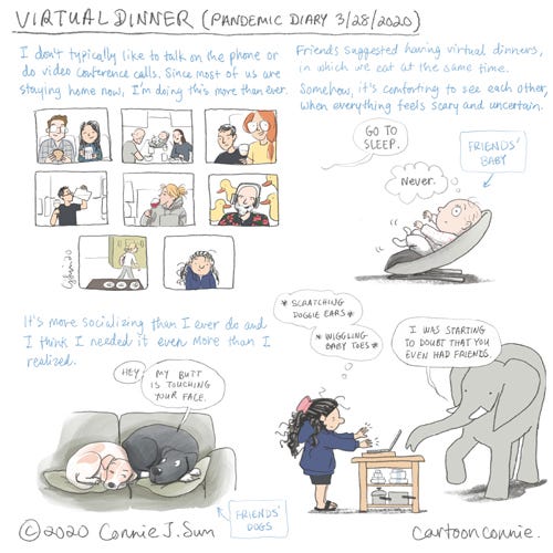pandemic diary: virtual dinner comics, illustration, visual diary, drawing journal, pandemic, coronavirus, socializing, sketchbook, humor, zoom, video calls, connie sun, cartoonconnie