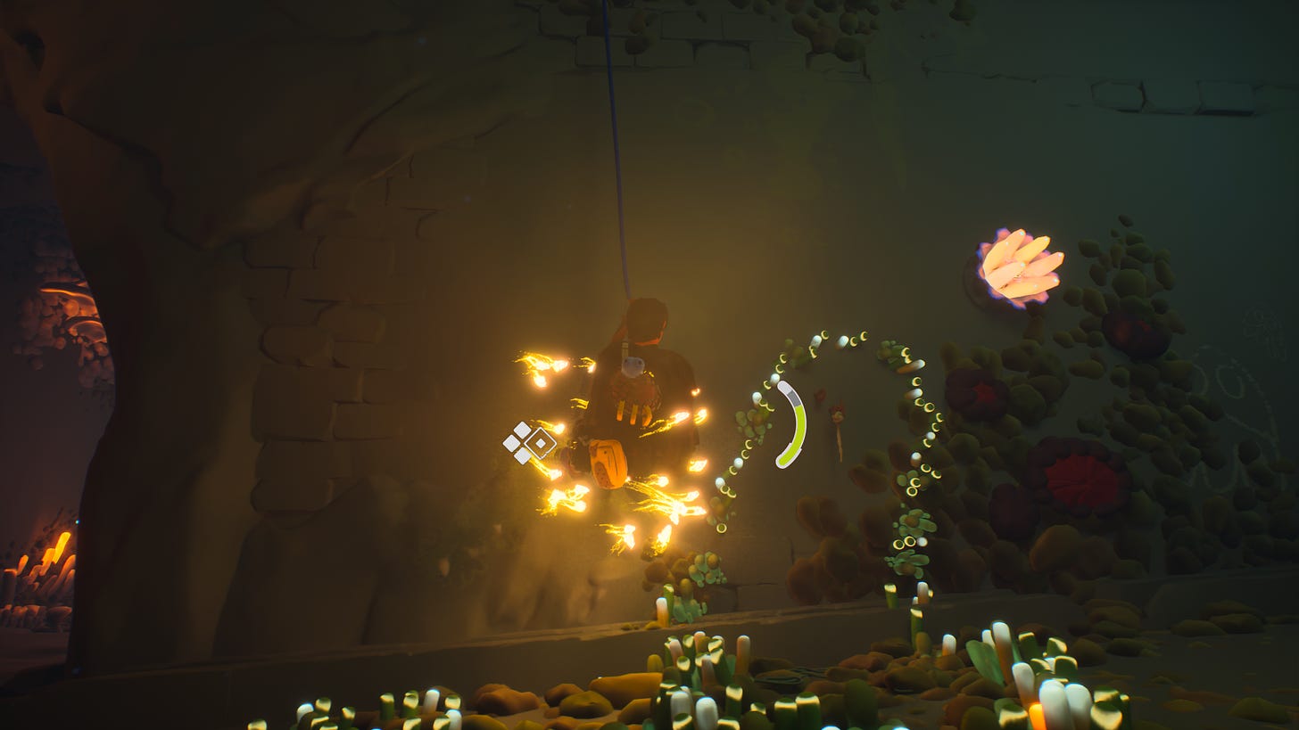 Fireflies surround a climber in a dark cavern