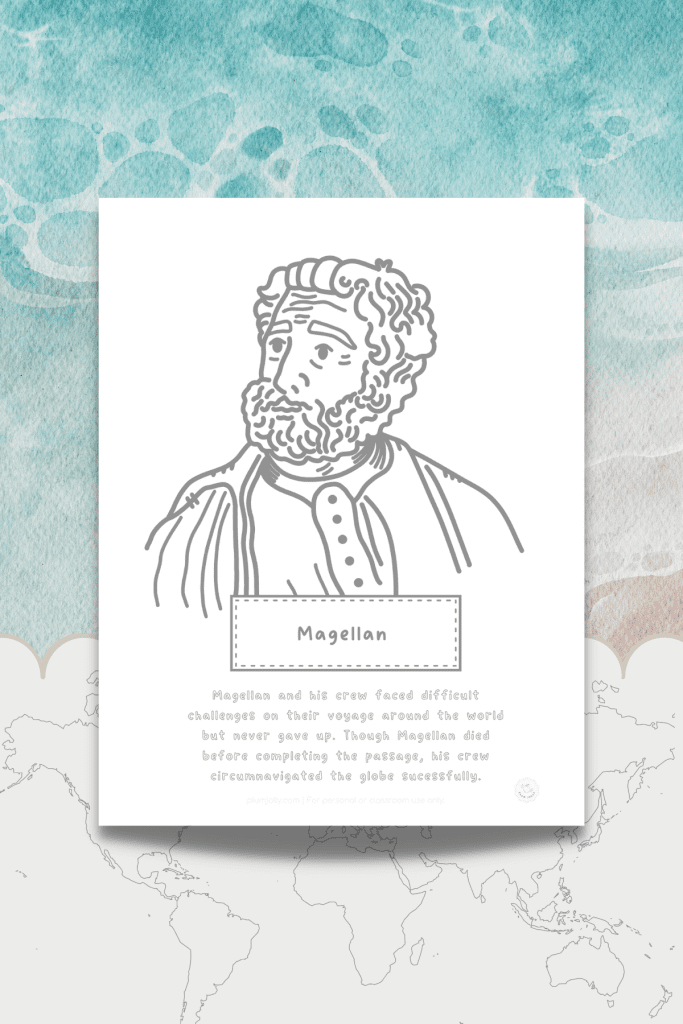 This first printable on our Famous Explorers word search blog post is a coloring page featuring an image of the explorer Ferdinand Magellan.