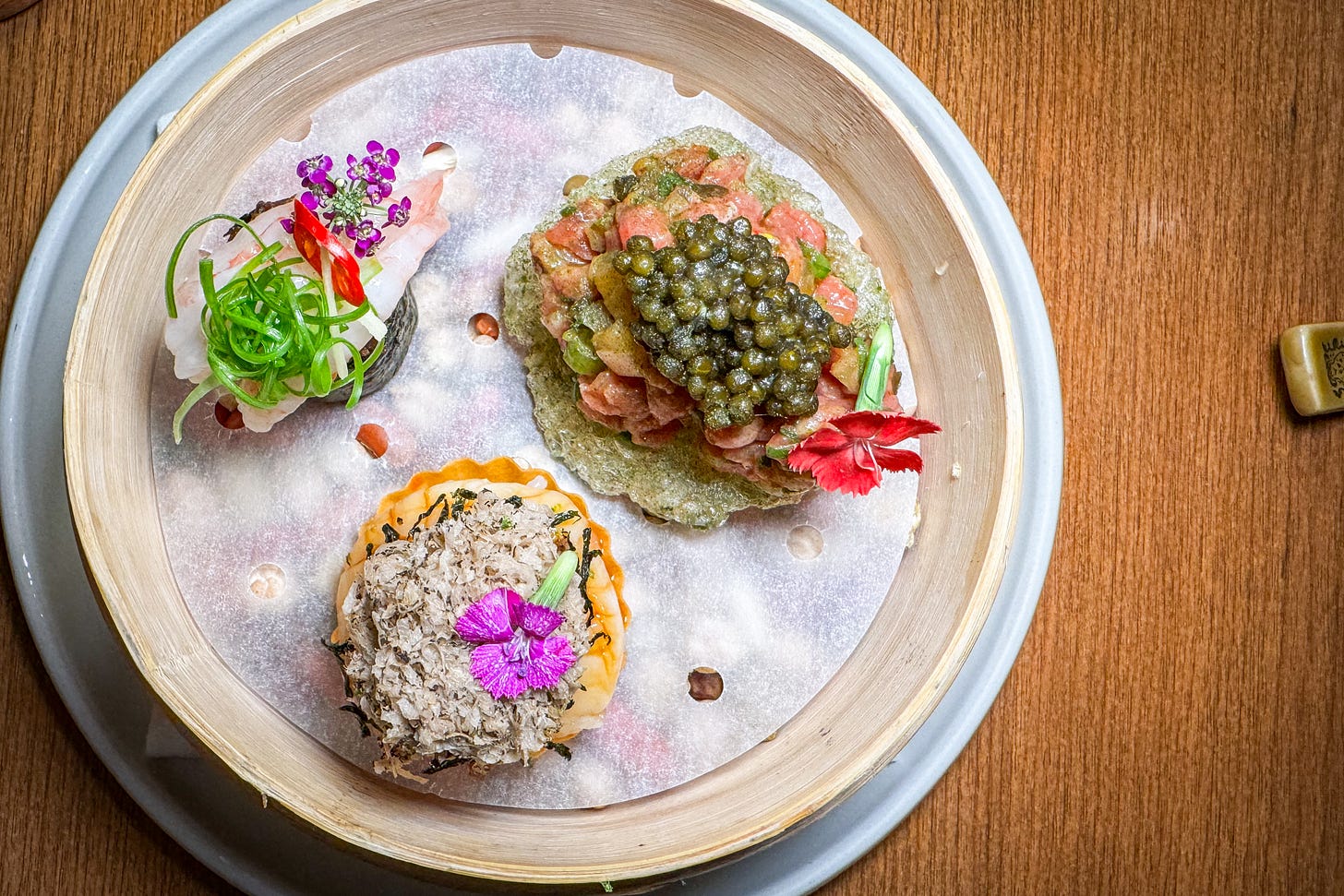 Jun’s snacks: tart, hand roll, chicharron