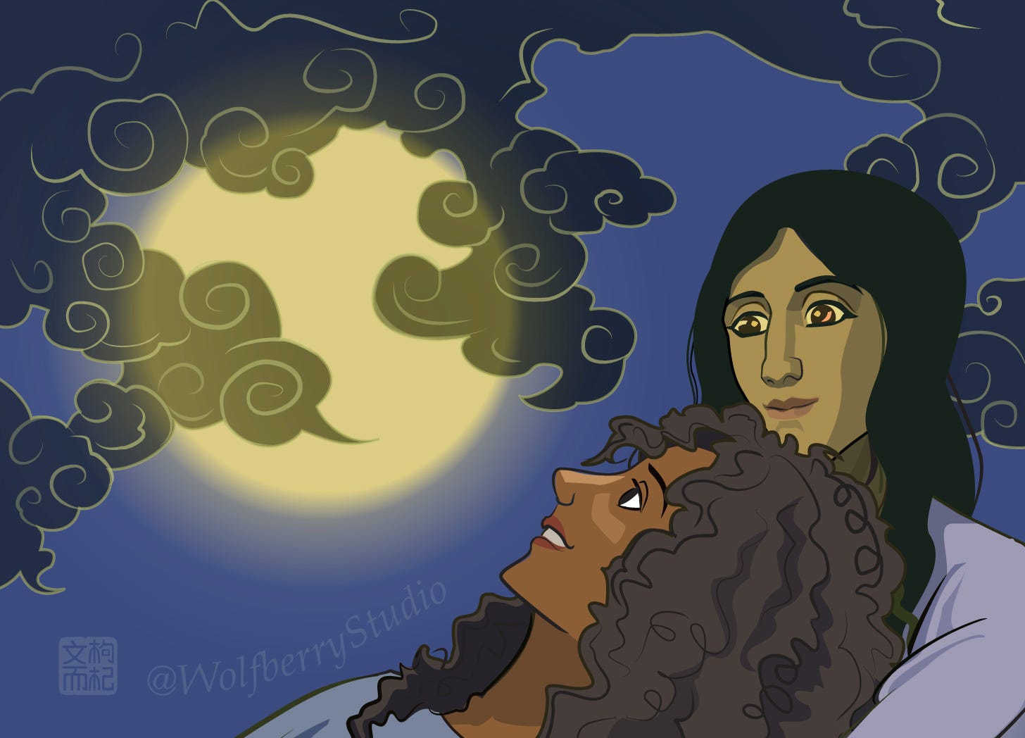 2 women under a full moon which is partially hidden by clouds