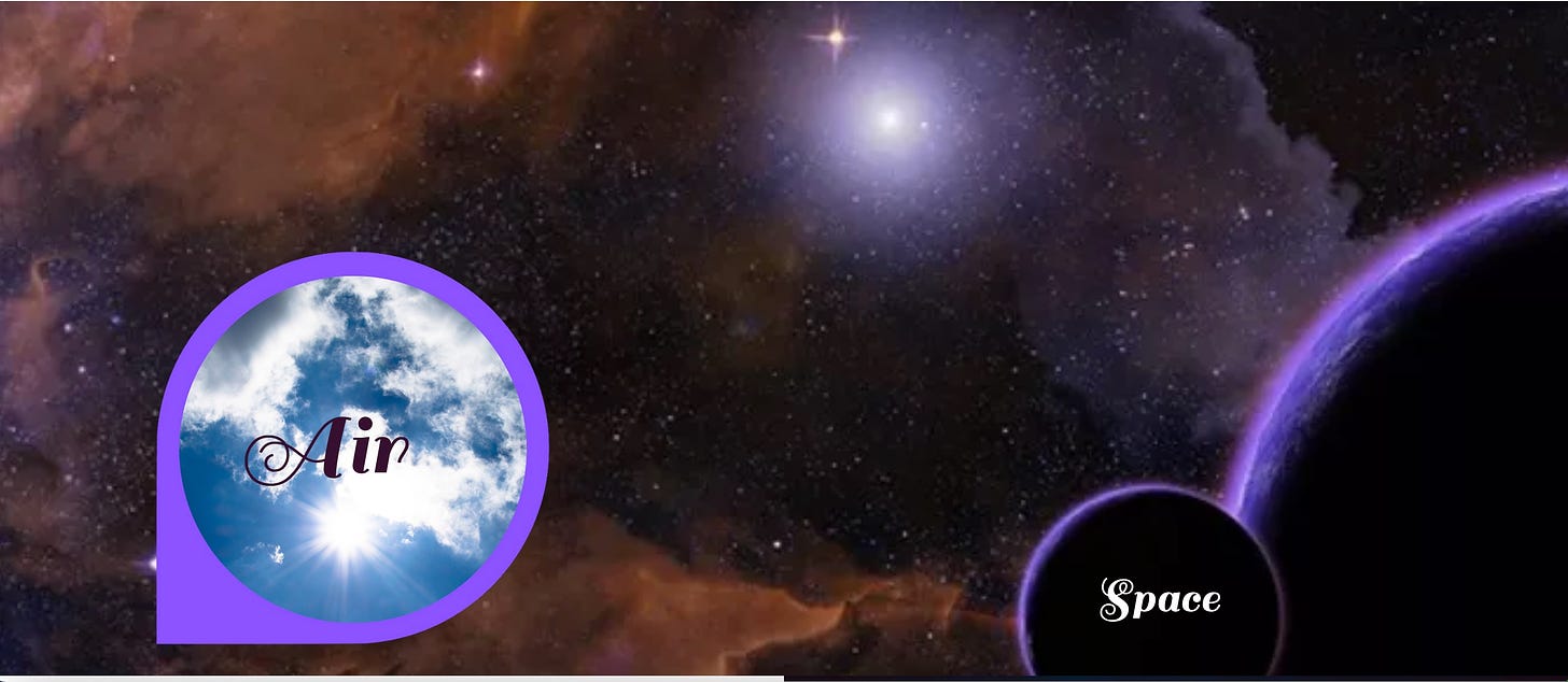 Purple planets and rust nebulas dance among the starry black of space; within a purple bubble, a deep blue sky full of white puffy clouds and brightened by a sunflare. Air...Space.