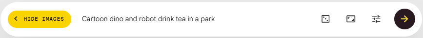 Cartoon dino and robot drink tea in a park
