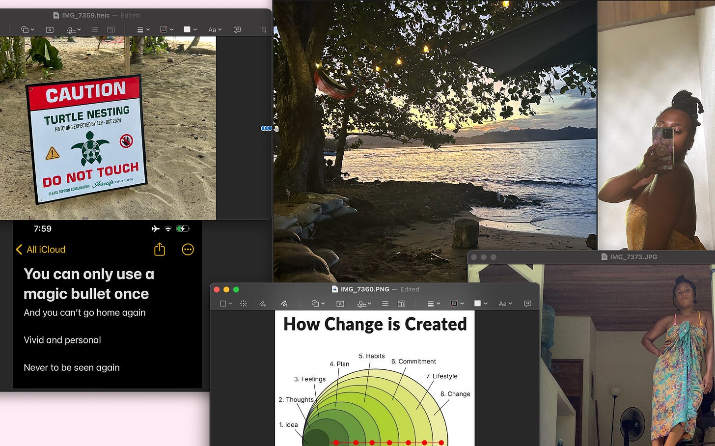 a screenshot of a collage of photos on a desktop. They are arranged loosely in a pattern meant to reference the fibonacci sequence. In the bottom left corner is a screenshot of a notes app entry, "you can only use a magic bullet once and you can't go home again vivid and personal never to be seen again." Above that is a photo of a sign in the beach sand that reads "caution turtle nesting do not touch." Next to that is a large image of the sunset over salsa brava a beachfront surf break on the Caribbean coast of costa rica. Beneath that is a green graphic image of concentric circles, radiating out, "how change is created. 1. idea 2. thoughts 3. feelings 4. plan 5. habits 6. commitment 7. lifestyle 8. change." To the far right of the image are two selfies of kia, one posed seductively in front of a mirror, naked but for the yellow sarong, and the other, wrapped in a green sarong over her bathing suit, plaintive and watching, from the porch of her casita.