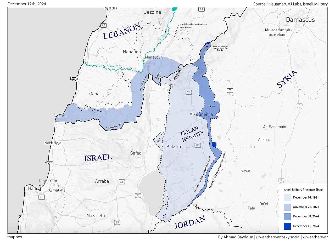 Map showing Israeli military expansion into Lebanon and Syria, with darker blue indicating the most recent advances, created using data from satellite imagery, geolocation, and Israeli military statements. (Ahmad Baydoun)