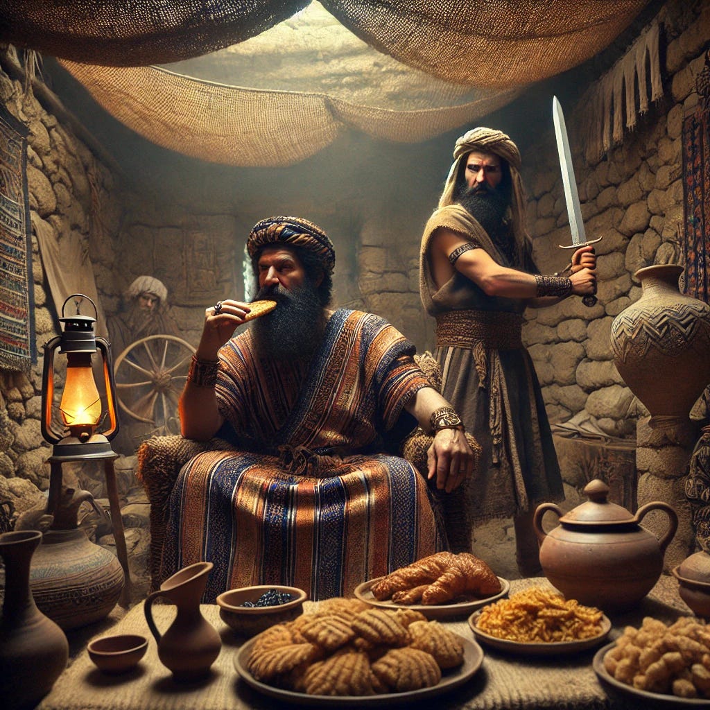 A realistic 35mm photograph of an ancient Babylonian setting inside a primitive home in Mitzpa, Judah, around 6th century BCE. In the center, a Babylonian governor named Gedaliah reclines on a woven blanket, surrounded by traditional Babylonian and Jewish dishes. Gedaliah, an older man with a beard and traditional robes, is leaning on his left hand, eating, with an unaware expression. Behind him, a Jewish man named Yishmael, dressed in ancient Hebrew attire, stands menacingly, brandishing a sword raised high, ready to strike. The room is dimly lit with oil lamps, highlighting the rough stone walls, woven tapestries, and clay vessels. The mood is tense, capturing the moment of impending assassination in vivid detail. The style is highly realistic and evocative of ancient history, with an authentic feel to the clothing, food, and architecture.