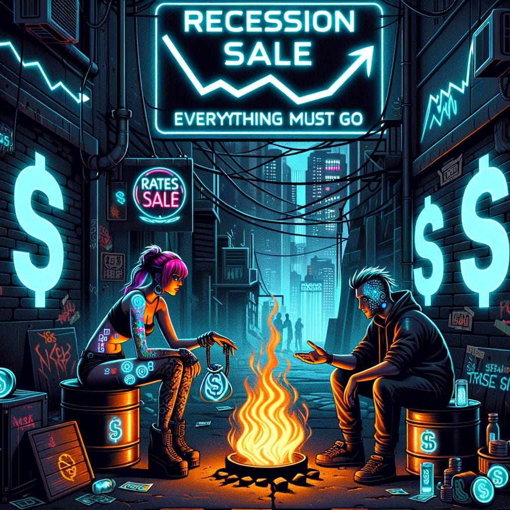 Illustration: A dark alley in a cyberpunk city. Graffiti on the walls depict dollar signs with downward arrows, symbolizing the falling economy. Two individuals, one female with neon tattoos and one male with a cybernetic eye, sit around a burning barrel. They discuss the rate hikes while exchanging digital currency. Above them, a neon sign flickers, reading 'Recession Sale: Everything Must Go.'