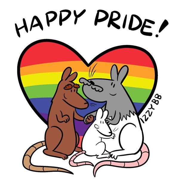 The panel is captioned "Happy Pride!" and shows Nina the white mouse and a brown mouse and a grey mouse holding hands. In the background there is a rainbow colored heart.