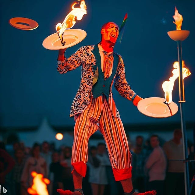 A Clown on Stilts Trying to Balance a Plate on His Nose While Juggling  Flaming Torches : r/weirddalle