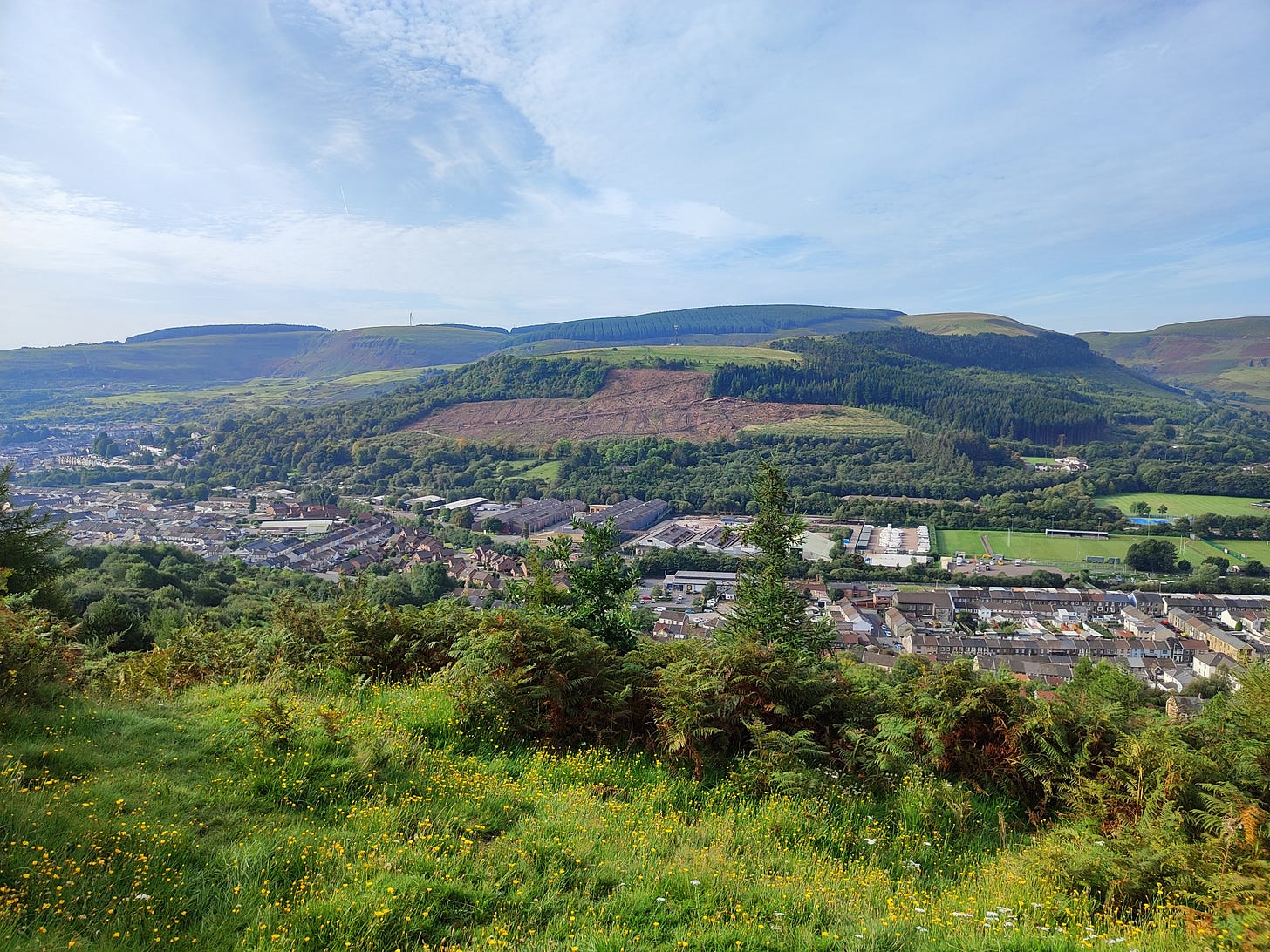 A view of the Rhondda from above treorchy. The hills are green, there are houses and other buildings in the valley, and the weather is sunny with hazy clouds above