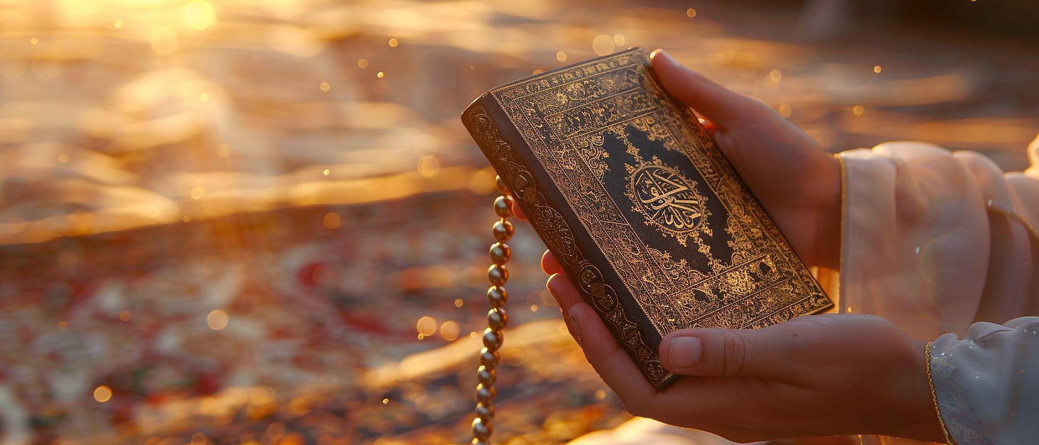 Hands hold an ornately decorated Quran with gold embossing and a string of prayer beads, set against a warm, sunlit background.