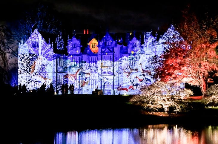 The facade of Wakehurst Place illuminated in blue with various forest creatures