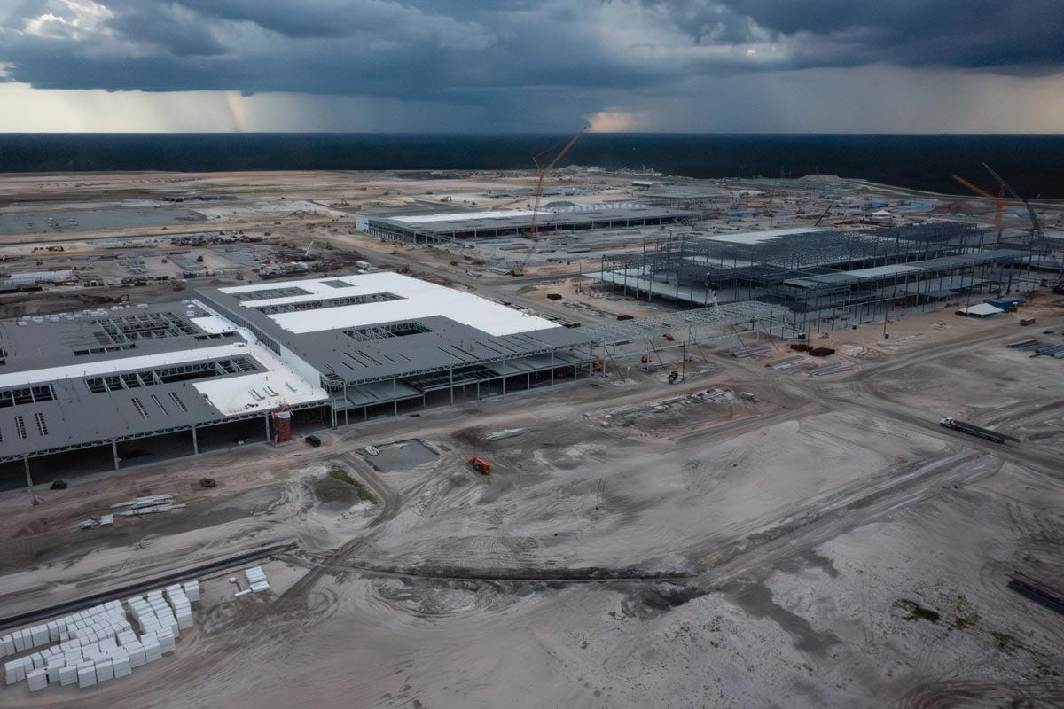 Aerial view of the Hyundai electric vehicle assembly and battery plant under construction in Ellabell, Georgia, in 2023.