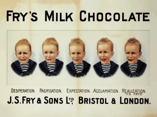 A vintage ad for Fry's Milk Chocolate showing the changing facial expressions of a boy who is realizing that he's about to get some chocolate?