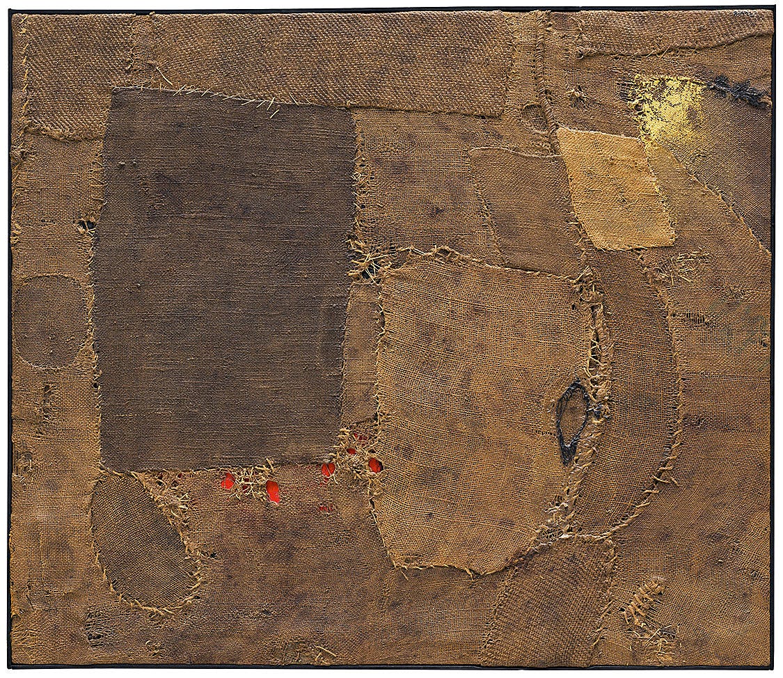 Alberto Burri, Composition, 1953. Burlap, thread, synthetic polymer paint, gold leaf, and PVA on black fabric, 86 x 100.4 cm