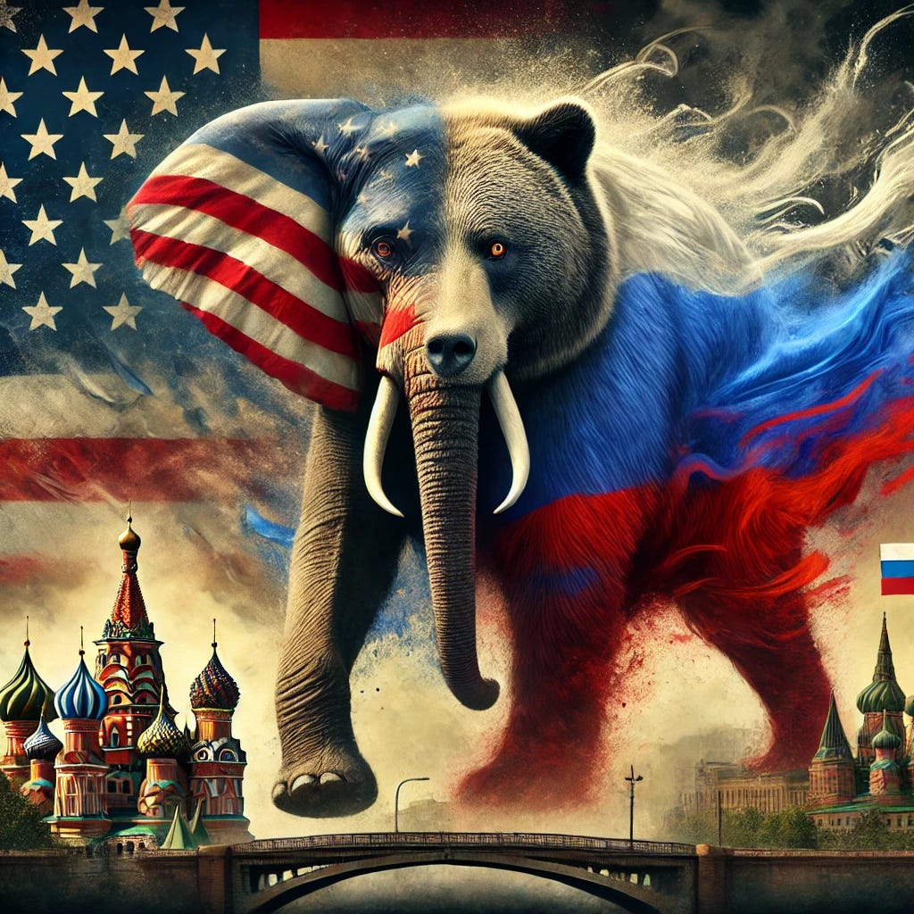 A surreal political illustration depicting the GOP elephant morphing into the Russian bear. The two animals blend seamlessly, symbolizing an ideological and political merger. The background features a fusion of American and Russian symbols, including elements of the U.S. flag merging with Russian architecture. Dark clouds swirl overhead, creating an ominous atmosphere that highlights tension and transformation.