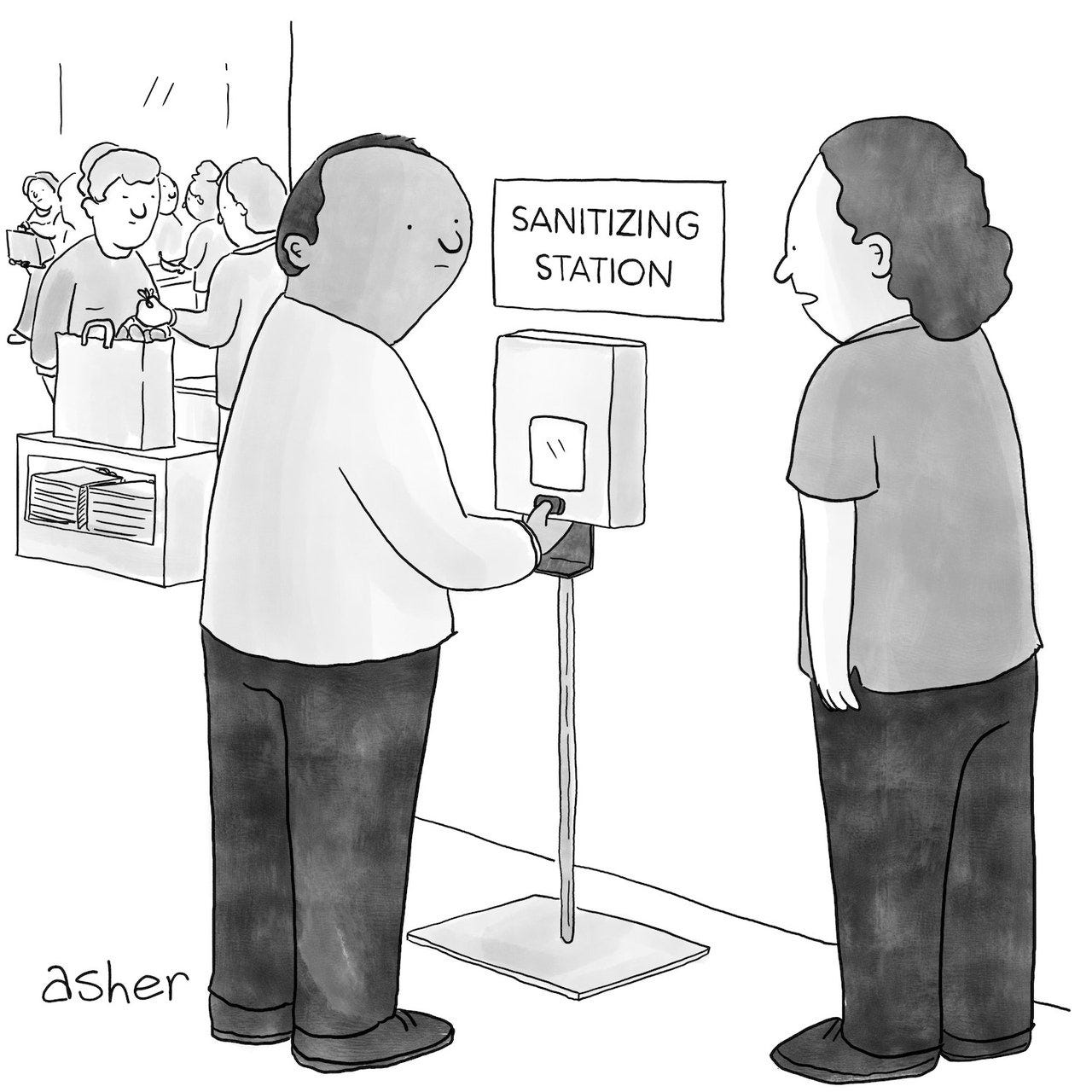 Two people talk to each other in front of a handsanitizer dispenser with a sign above it that says “Sanitizing Station.”