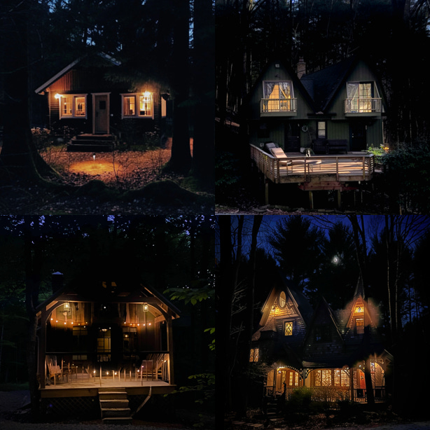Four-grid image of cottages based on jack o lanterns