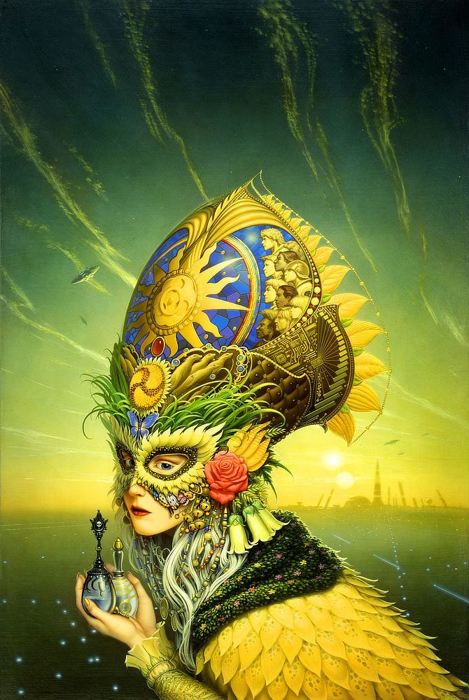 A woman in ornate headdress and leafy yellow cloak holds out two glass vials. One is accented in black with a skull decorating the slender handle of the stopper. The other vial is decorated with a gold swirl leading to a Celtic shield knot.   Her young face is covered by a mask of pointy yellow leaves with a gold and green border framing her blue eyes. A motley pattern of butterfly wings peeks out underneath; a purple butterfly is centered above her forehead. Bells hang from her ear which is covered by a single pink rose. A hint of white hair mixes with beaded necklaces covering her neck. Wild grass sweeps off the top of the mask. The tall headdress is laden with symbols. Central among them is a sun with a stylized biohazard symbol at its center.