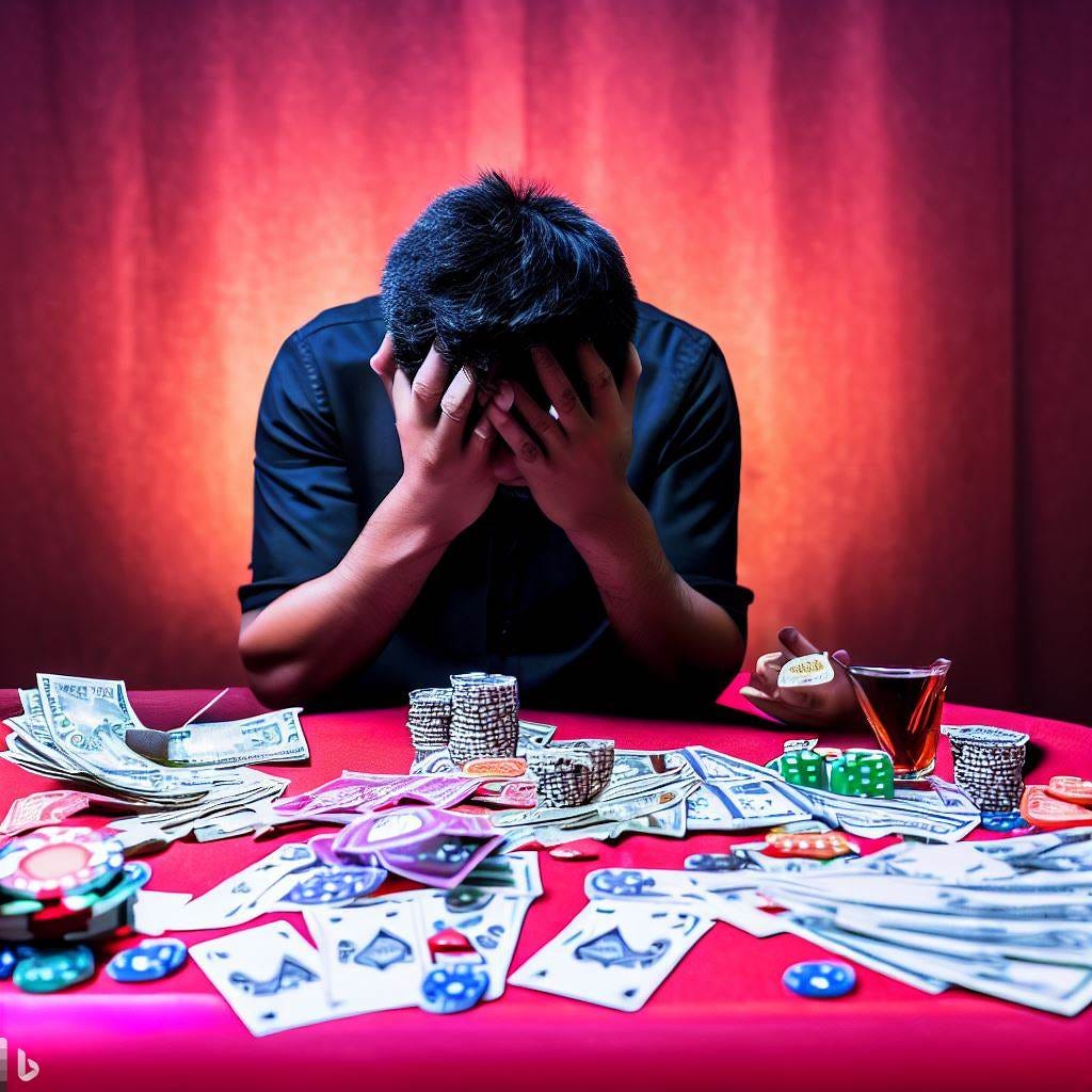 a poor guy loosing a lot of money in casino games 