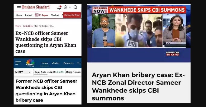 As per news reports dated May 18, 2023, of Metro Vaartha, Business Standard, The Hindu, The Economic Times, and CNBCTv18, former NCB (Narcotics Control Bureau) officer Sameer Wankhede skipped CBI questioning and summons.