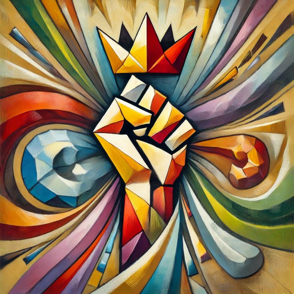 An abstract, playful painting representing power and conflict over sexuality in Christianity. The focal object is a symbolic representation of power, such as a crown or a clenched fist, abstractly rendered with sharp, geometric shapes in bright colors like red, yellow, and purple. The background is composed of flowing, softer shapes in shades of green, blue, brown, and black, evoking a natural yet tense atmosphere. Visible brushstrokes add texture, and the overall composition remains flat and two-dimensional, symbolizing the simplicity and layered complexity of the subject.