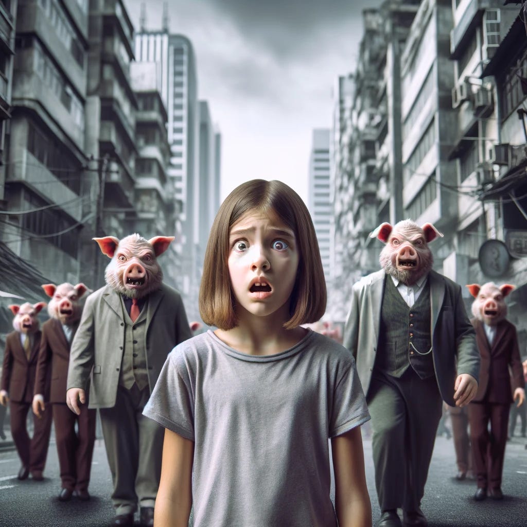 A preteen girl with wide eyes and an expression of horror, standing in a city street. Behind her, a crowd of anthropomorphic pig men, wearing suits and looking menacing. The scene is set during the day with buildings in the background, and the street bustling with activity. The pig men vary in height and build, adding to the surreal and intimidating atmosphere. The girl is Caucasian with shoulder-length brown hair, wearing a simple t-shirt and jeans.