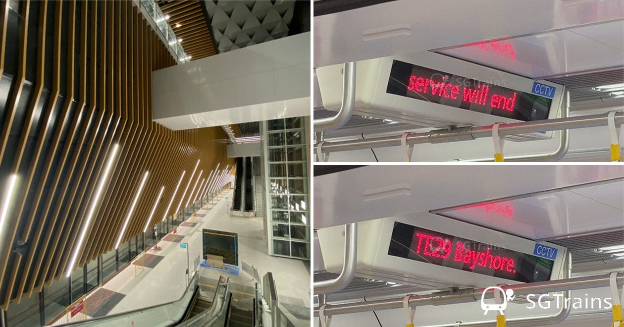 Katong Park MRT station for the Thomson-East Coast Line 4; Onboard information systems displaying end of service at Bayshore MRT station. (Images: LTA, SGTrains)