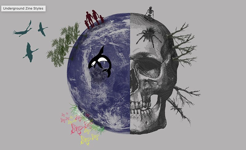 The globe, with half being healthy and vibrant with people, animals, and plants, while the other half looks like a skull with dead trees and a spider