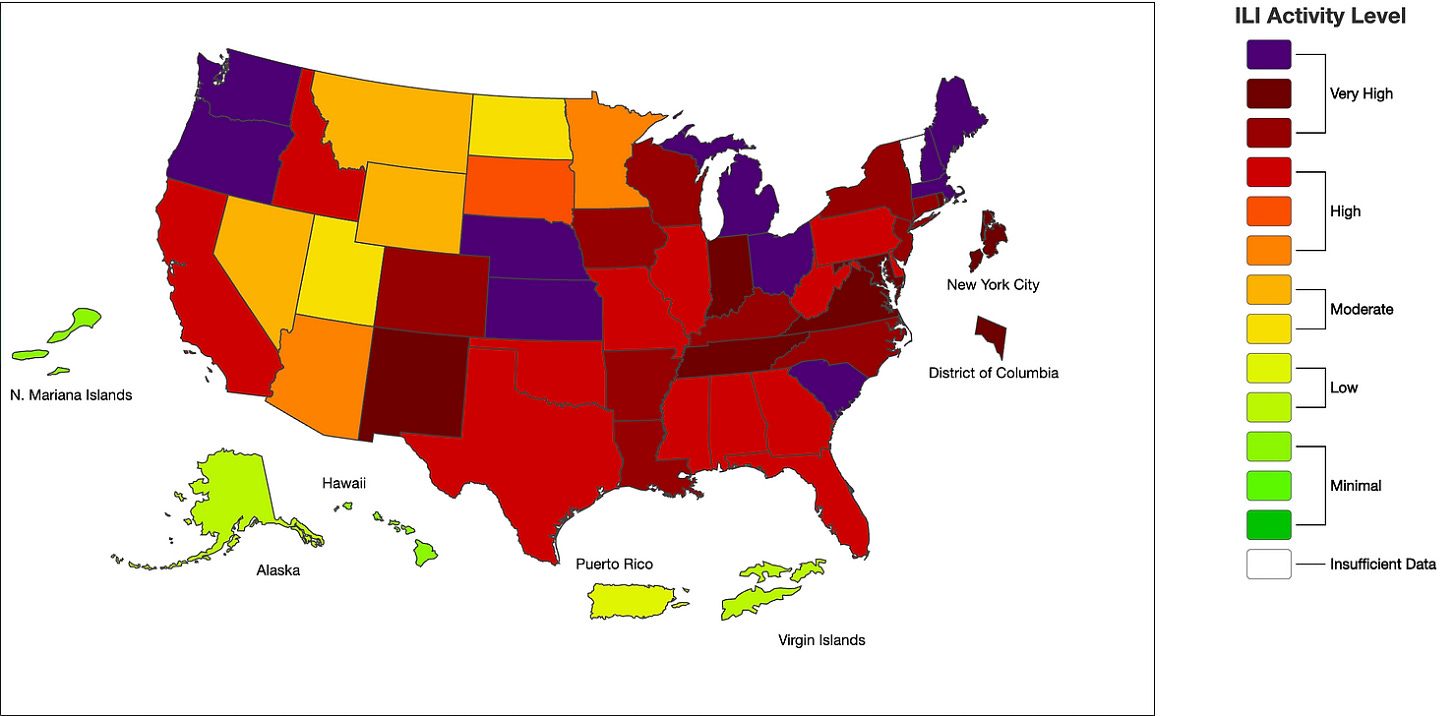 CDC FluView surveillance map showing influenza-like illness activity across the United States for week 7 of the 2024-25 season (ending February 15, 2025). Most states display very high (dark red/purple) or high (red/orange) activity levels, with only Alaska, Hawaii, Puerto Rico, and a few northern states showing moderate to minimal activity. CDC FluView surveillance map showing influenza-like illness activity across the United States for week 7 of the 2024-25 season (ending February 15, 2025). Most states display very high (dark red/purple) or high (red/orange) activity levels, with only Alaska, Hawaii, Puerto Rico, and a few northern states showing moderate to minimal activity.