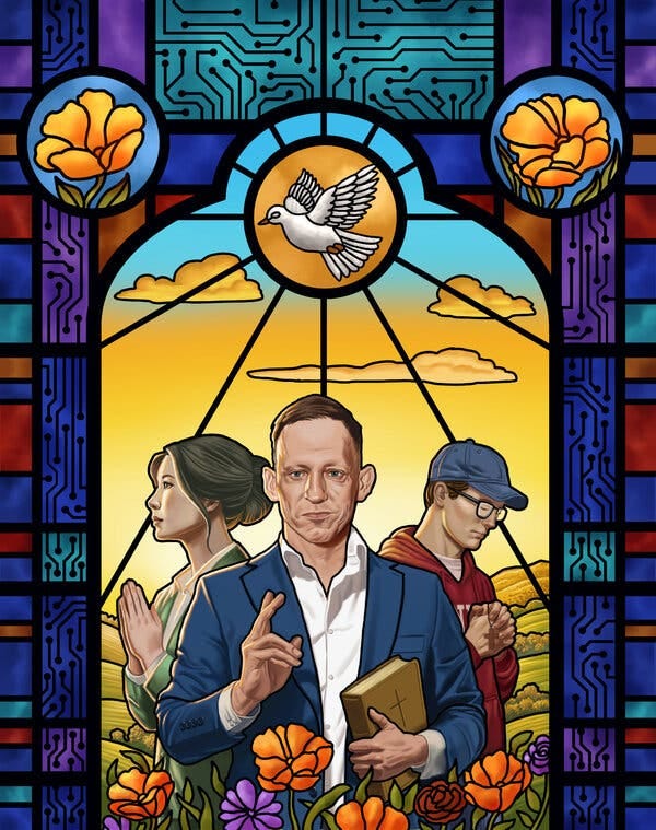An illustration of a stained-glass window with Peter Thiel in the center holding a Bible and flanked by a man in a cap and hoodie with his head bowed and a woman in a blazer with her hands in prayer.