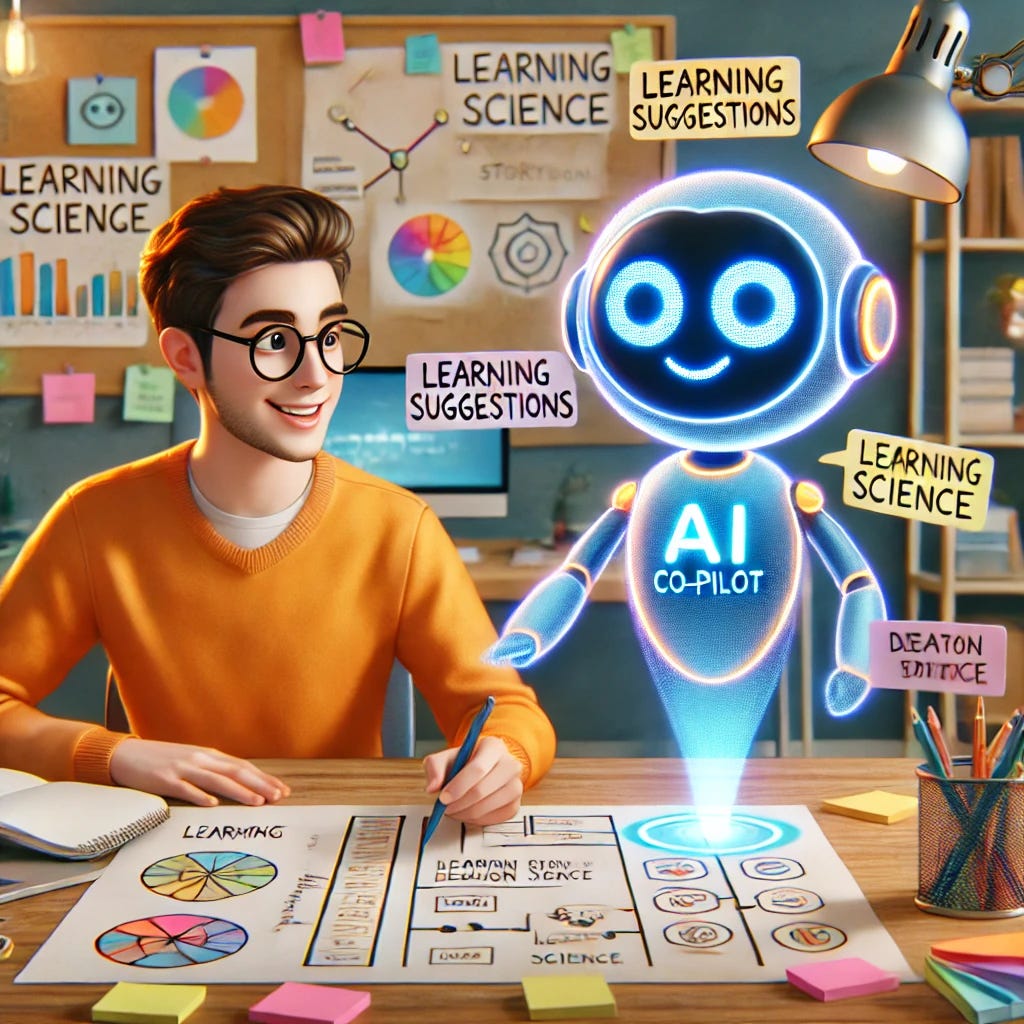 A playful, Pixar-inspired illustration of a learning design AI co-pilot assisting a professional instructional designer. The scene features a cheerful, futuristic AI assistant character with expressive eyes and a glowing, holographic interface. It floats beside a young adult learning designer, who is sketching out a storyboard and reviewing learning materials on a digital tablet. The AI is projecting helpful suggestions, learning science tips, and design recommendations in colorful, easy-to-read holograms. The workspace is creative and inviting, with sticky notes, diagrams, and learning design books. The color palette includes warm oranges, soft blues, and bright accents, creating an optimistic and collaborative atmosphere.