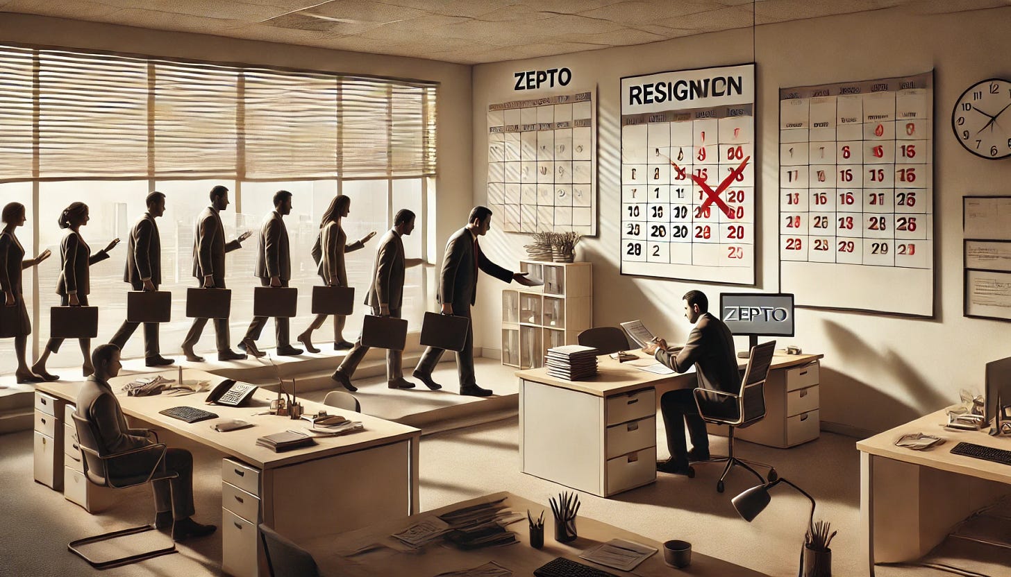 A symbolic and creative representation of employees resigning from Zepto, depicted in a professional yet artistic style. The image features a modern office setting with several employees leaving their desks, handing in resignation letters to a manager at a central desk. A calendar on the wall hints at frequent departures with multiple dates marked in red. The overall mood is professional but subtly highlights a sense of dissatisfaction and transition. The Zepto logo is indirectly represented on a screen or document in the background for context. The atmosphere uses neutral and muted tones.