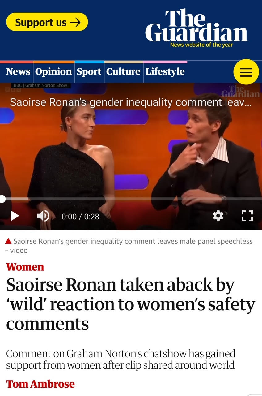 Screen grab of a Guardian article about the response to Saoirse Ronan's comments about women's safety on the Graham Norton show. 