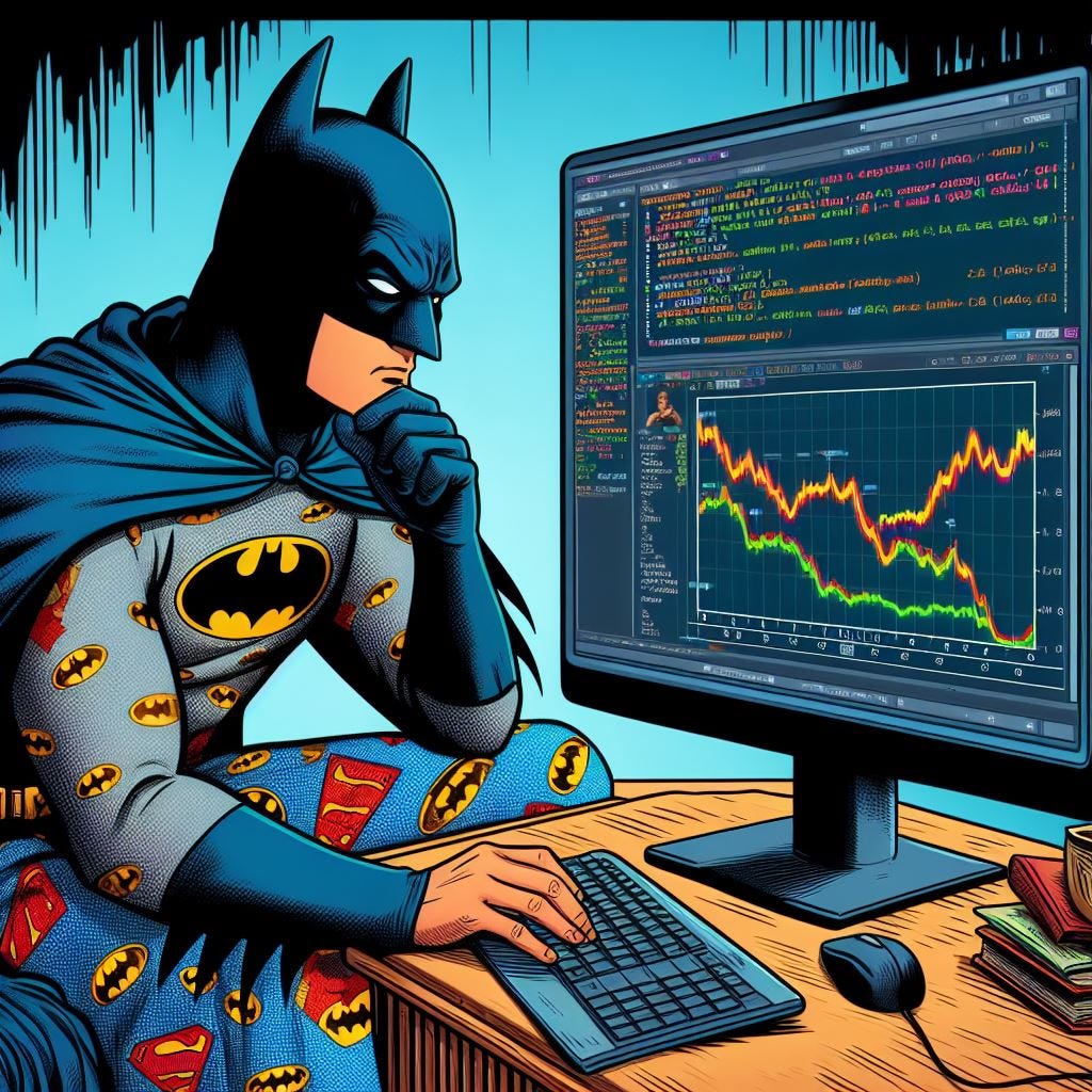 Batman in pijamas coding checking the loss curves on tensorboard  - in American comics style 