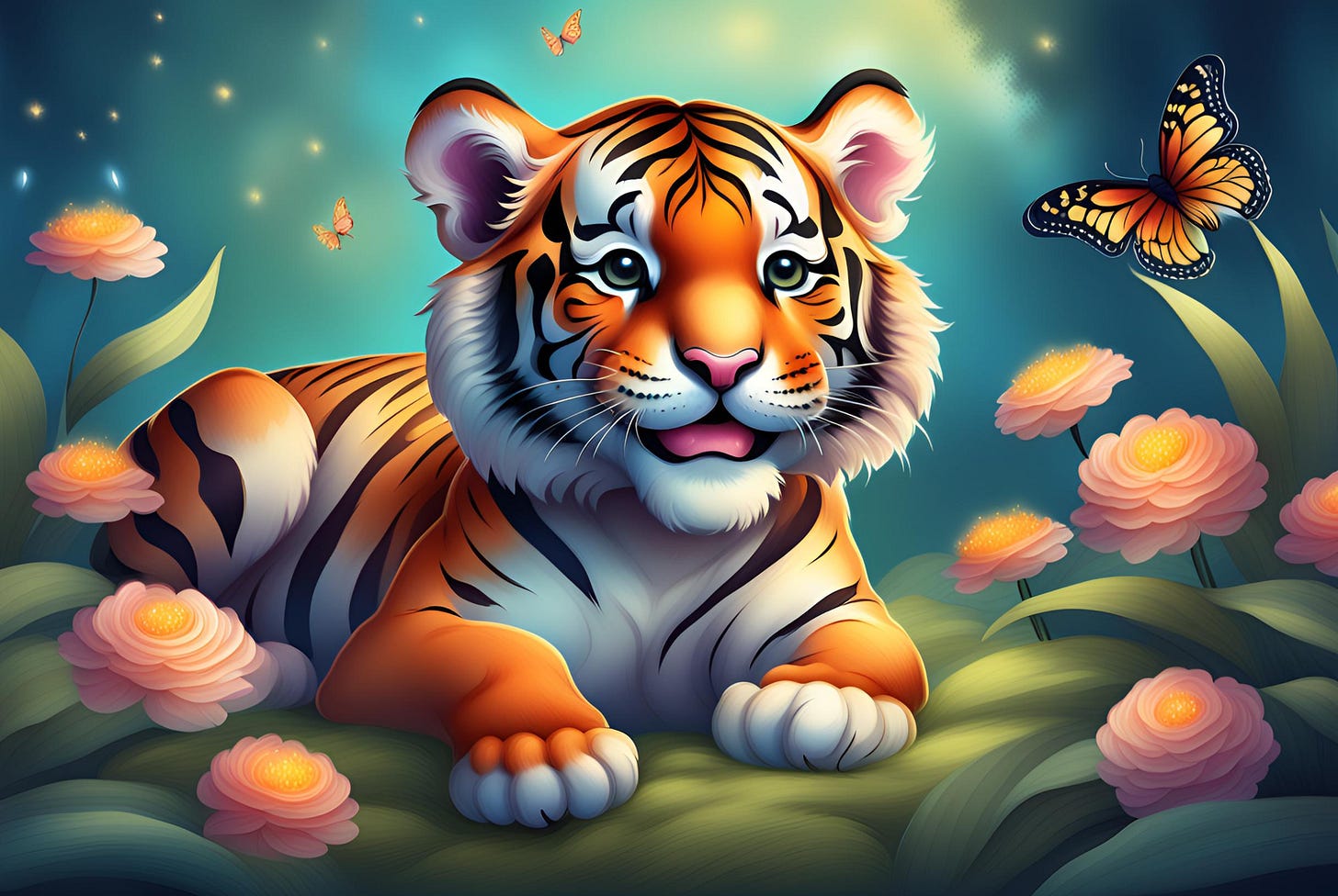 Illustration of a happy young tiger playing near flowers and butterflies