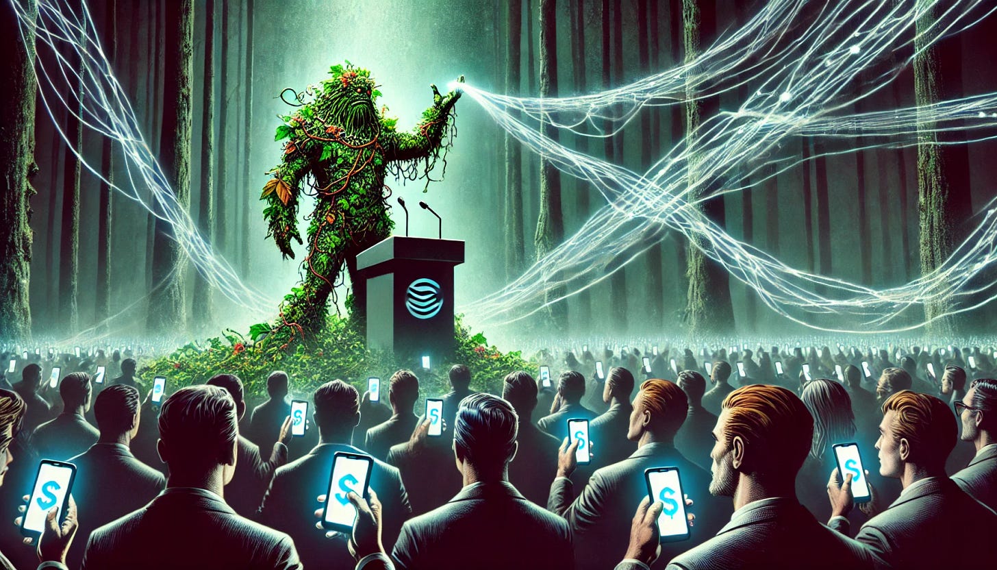 A dramatic comic-book style scene featuring a character resembling the Swamp Thing: a humanoid figure covered in vines, moss, and plant-like growths, standing on a podium addressing a captivated audience. The audience members are all holding glowing cell phones that visually stream glowing lines of data, resembling streams of money, flowing upwards toward a mysterious, shadowy vault in the background. The setting is eerie, with a misty forest backdrop and an otherworldly atmosphere, blending nature and technology. The focus is on the surreal juxtaposition of the swampy figure and the modern, high-tech elements.