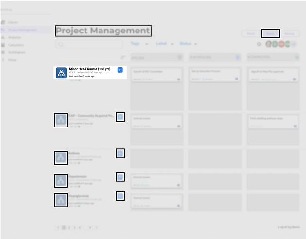 The Zoom & Filter stage of the process. While most of the website is still blurred, we have highlighted one particular item, sandwiched between the Blue rectange and the “+ button” that is a card that say Minor Head Trauma (<18 years)