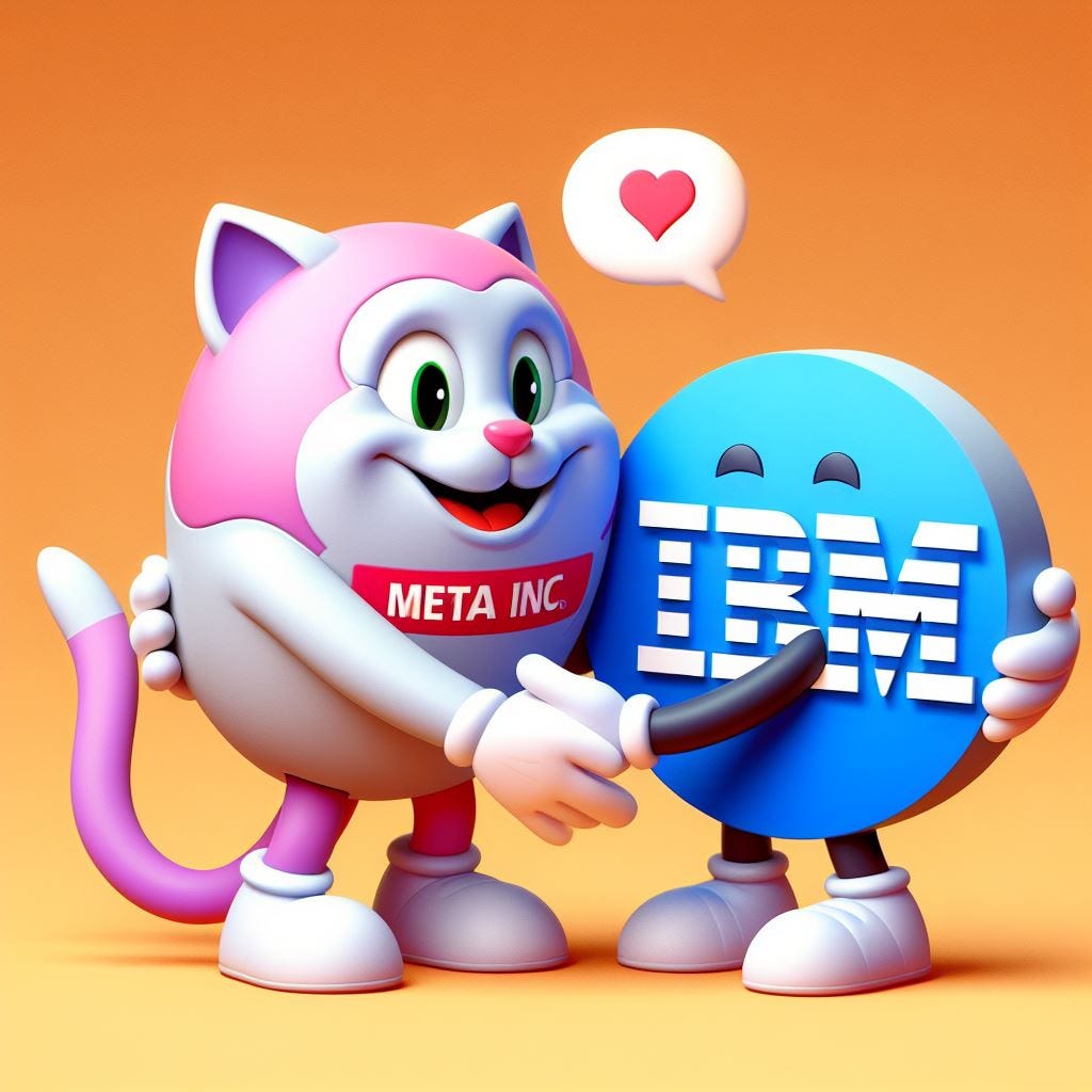 image of anthromorphic Meta Inc and IBM logos hugging each other