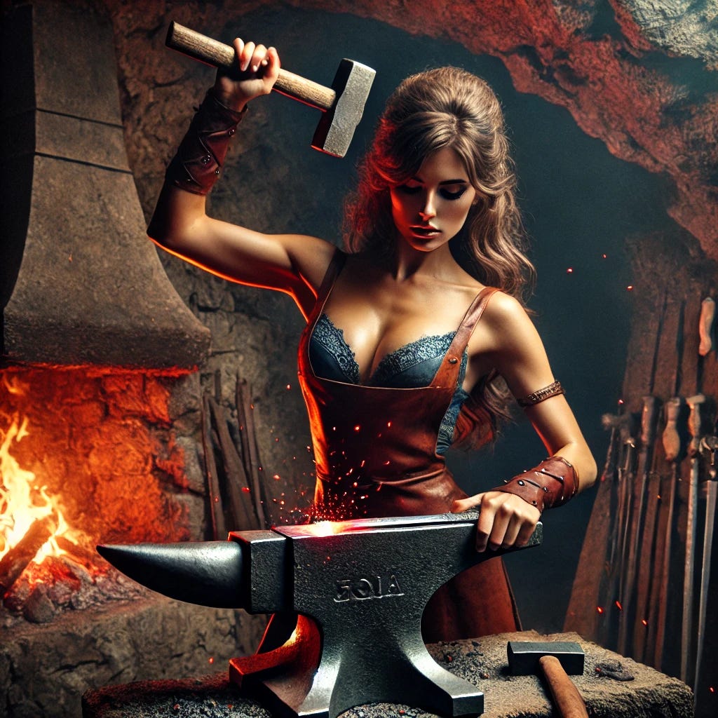 The beautiful goddess Gaia in a dark cave forge, wearing a leather apron. She is hammering at a sword on an anvil with a natural and realistic hammering position, surrounded by red sparks from the glowing hot metal. The hammer is held firmly in her hand above the sword in a way that shows her strength and skill. The cave's rocky walls are dimly lit, while the forge's fire adds a reddish glow to the scene, emphasizing the intensity and focus on her face.