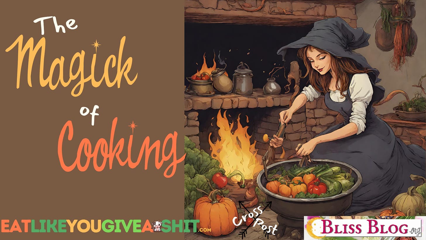 A beautiful witch stirring a cauldron full of veggies