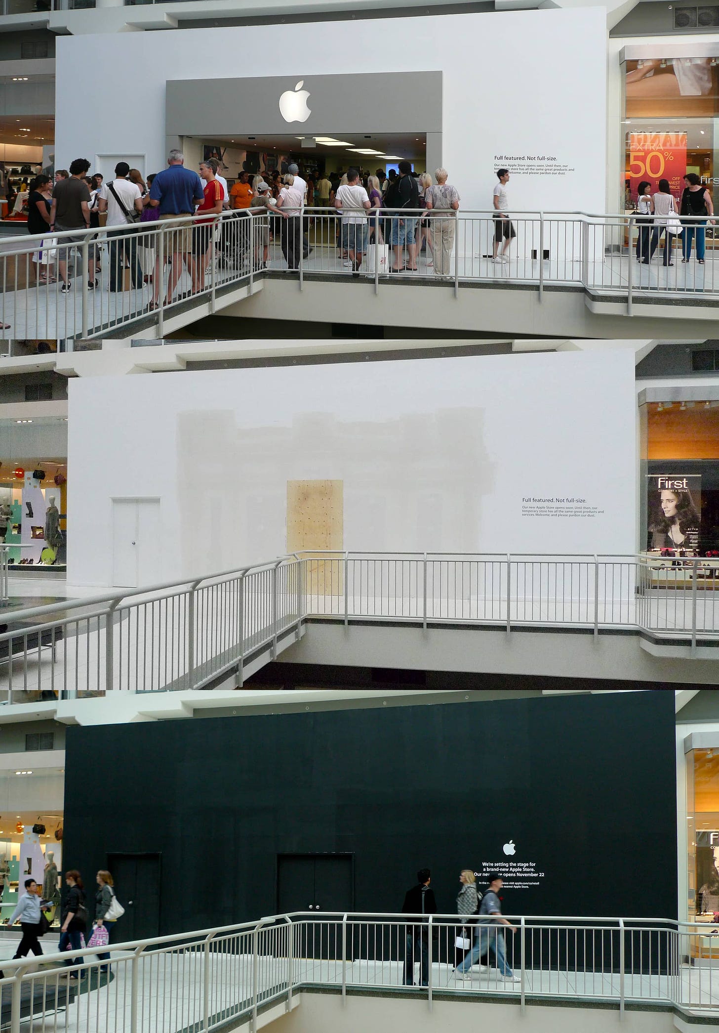 Three images depict the Apple Eaton Centre temporary store during operation, after closure, and before the grand reopening of the store.