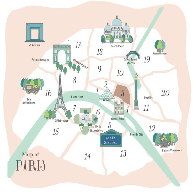 Cute illustrated map of Paris with arrondissements and landmarks.
