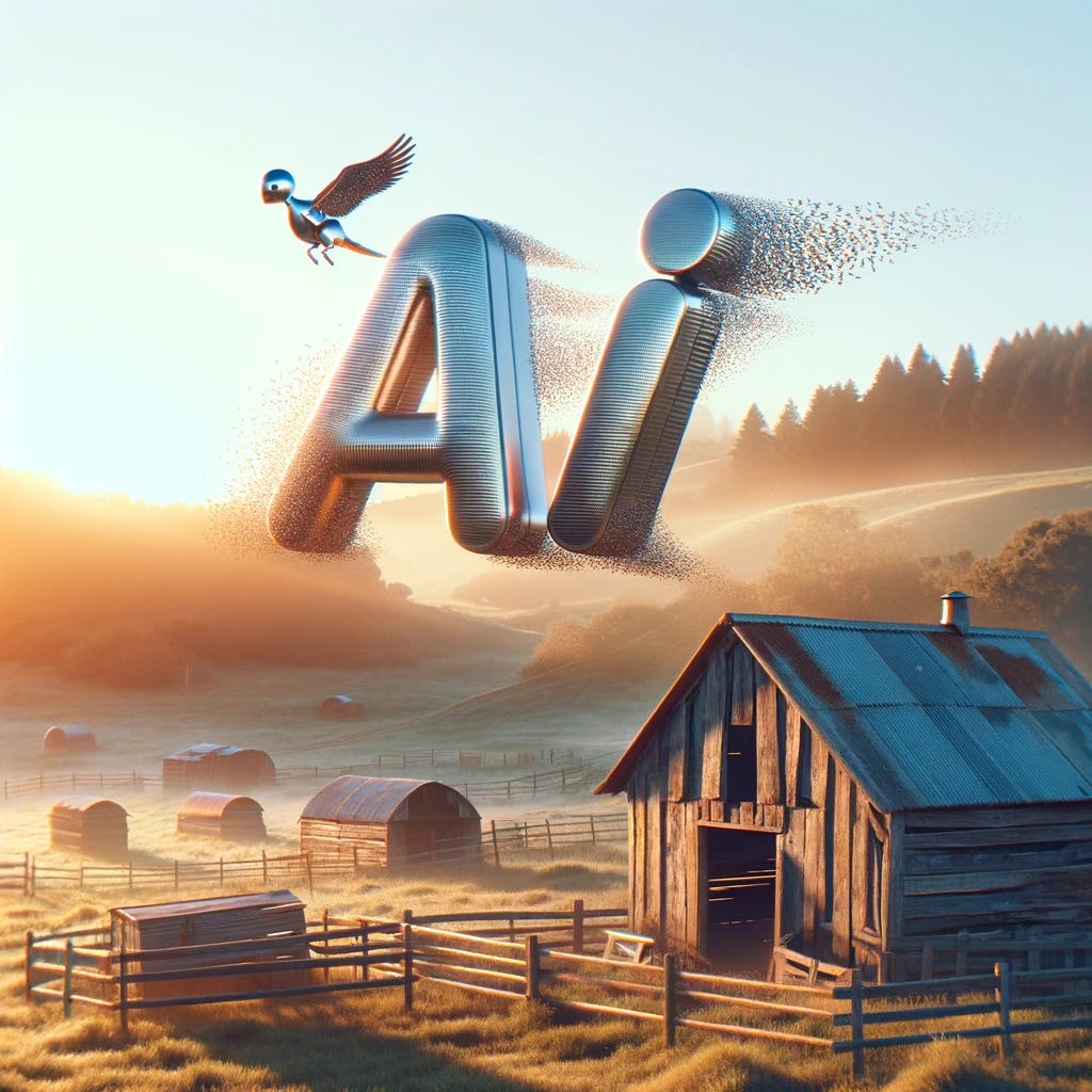 Create a lifelike image featuring the letters 'AI', designed in a sleek, modern style, appearing to fly out of an old, rustic chicken coop. The scene is set in the countryside during the early morning, with the first rays of sunlight casting a warm glow over the scene. The 'AI' letters are animated and personified, with tiny wings, giving them a lively character as they escape into the open air. The background is filled with a scenic landscape of rolling hills, a few trees, and a clear blue sky, providing a contrast between the old world charm of the coop and the futuristic implication of AI.