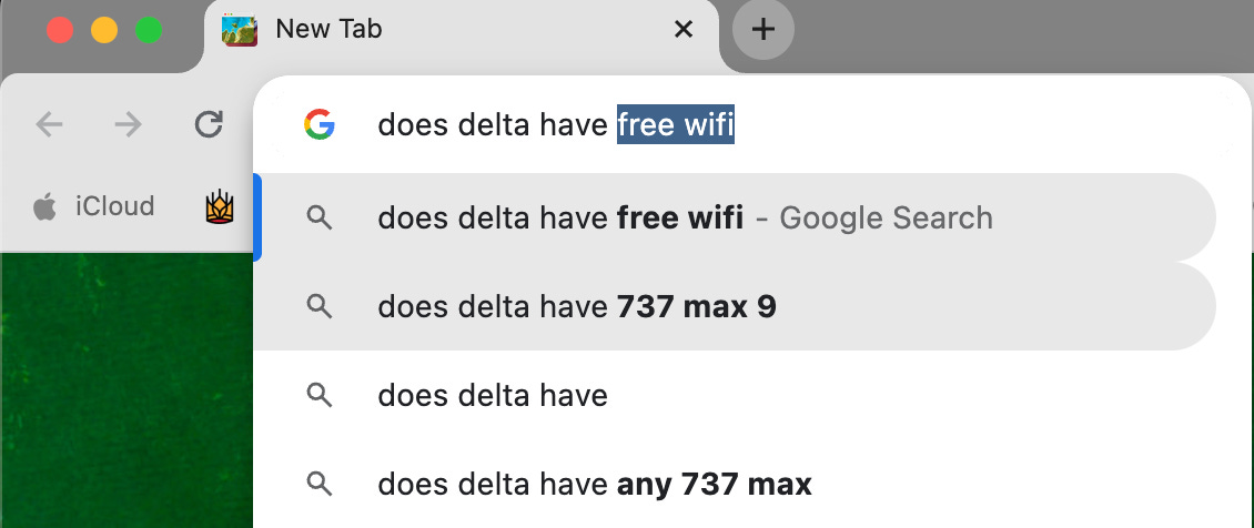 A Google search bar. Text typed "does delta have ". First autofill: "free wifi". Second "737 max 9". Third: blank. Fourth: "any 737 max".