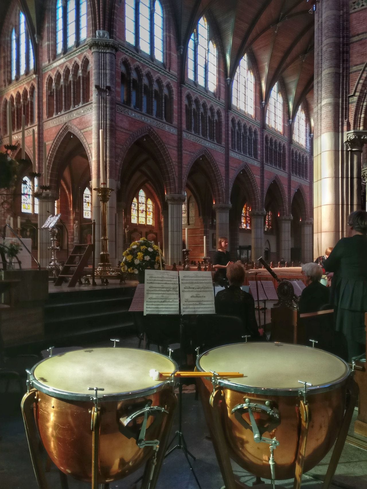 a pair of kettle drums in a church