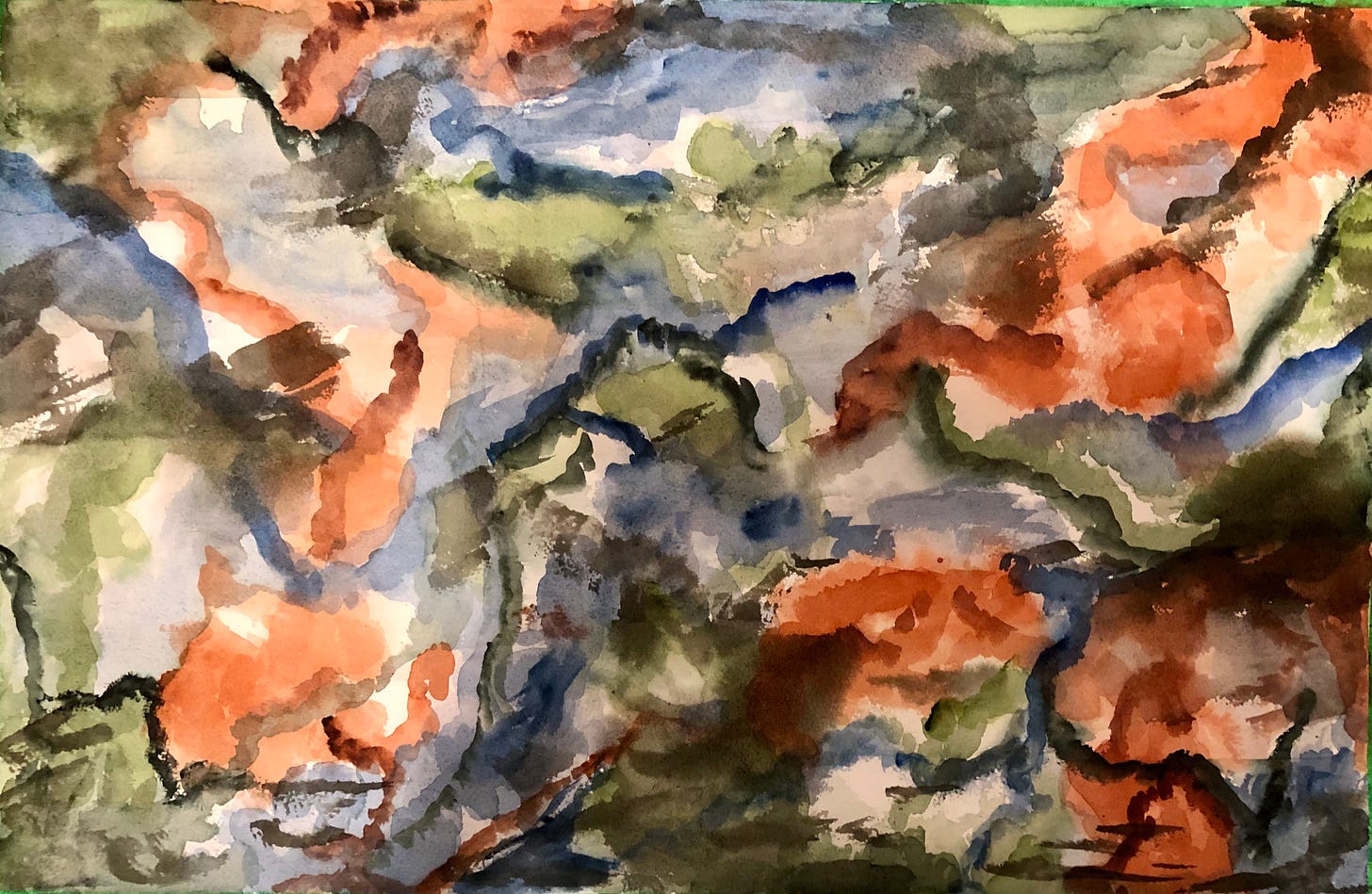 Second layer of an abstract painting in process. It has shades of red, green, and blue, with darker details suggesting mountains.